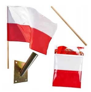 Zestaw Flaga Polski na drzewcu + uchwyt na ścianę  ocynk